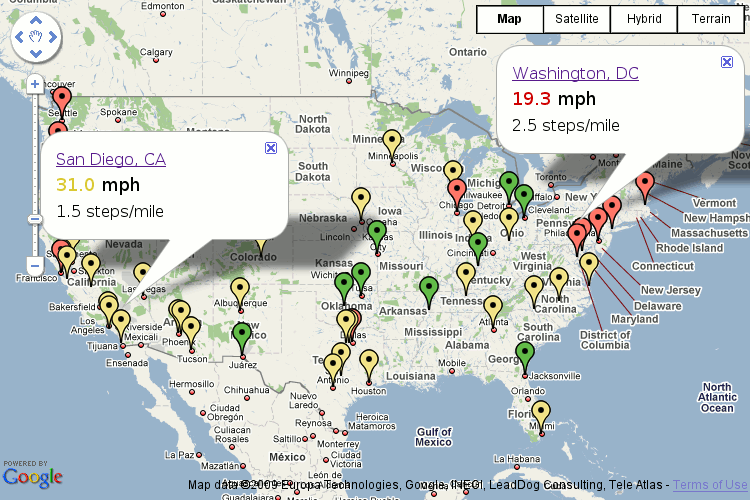 Map of U.S. showing driving speeds of several cities